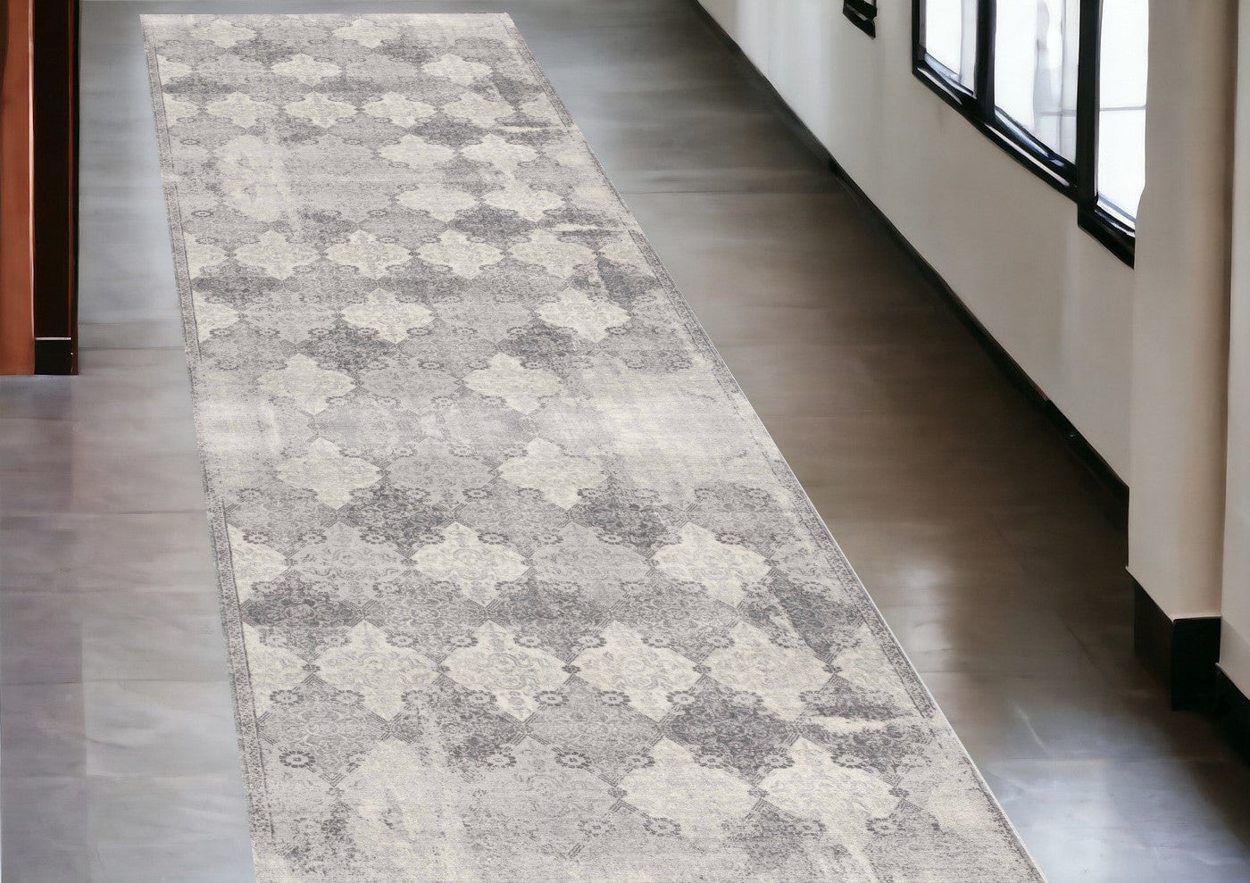 2’ X 10’ Gray Distressed Trellis Pattern Runner Rug