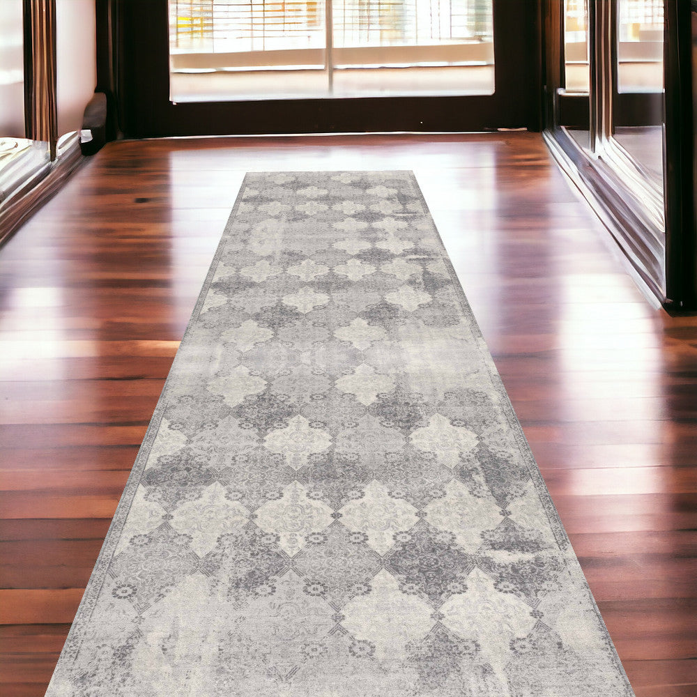 2’ X 10’ Gray Distressed Trellis Pattern Runner Rug