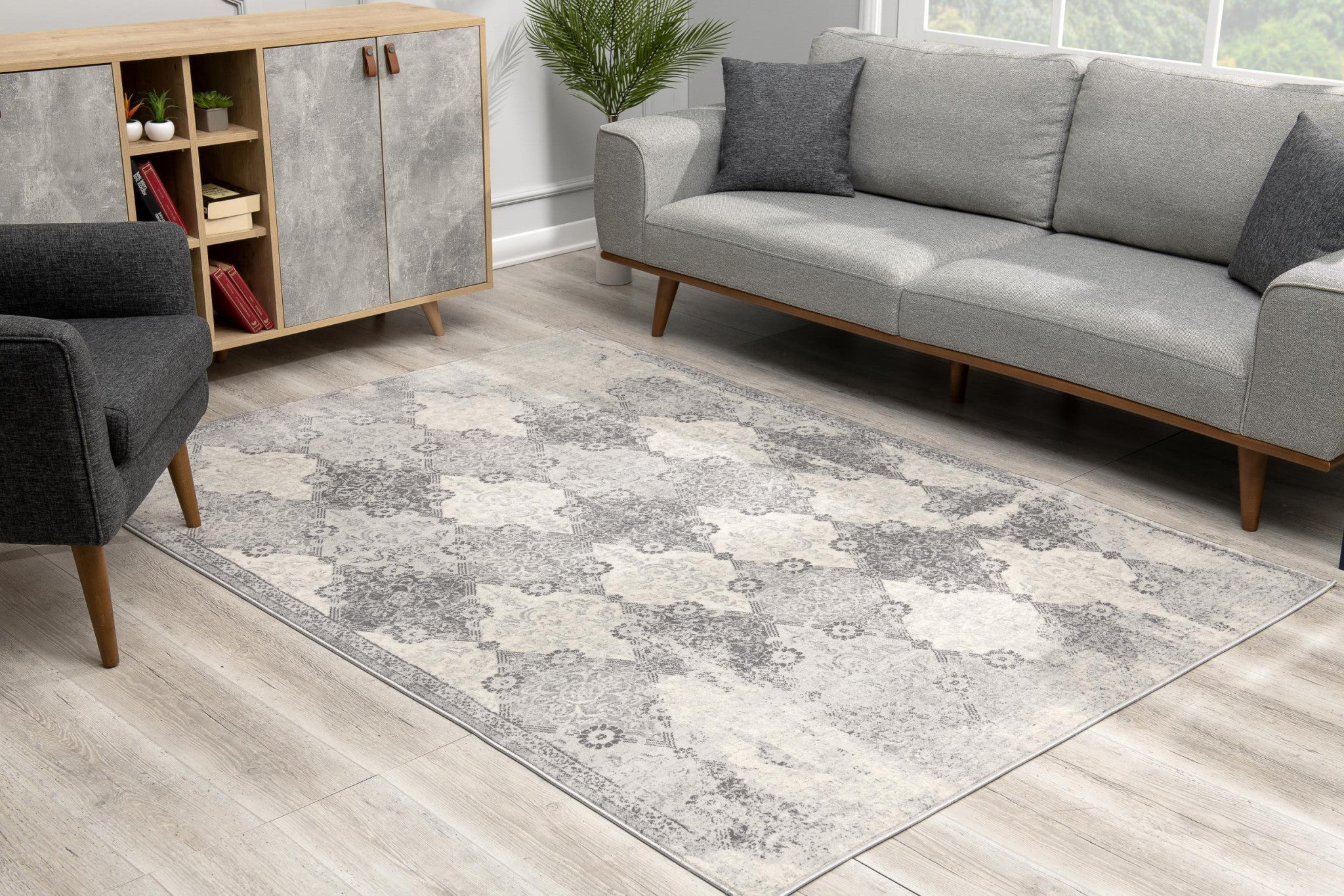 2’ X 10’ Gray Distressed Trellis Pattern Runner Rug