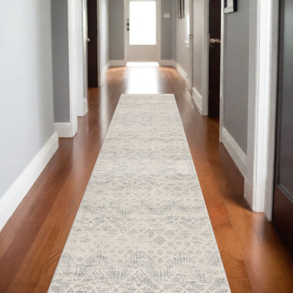 2’ X 10’ Ivory Distressed Ikat Pattern Runner Rug