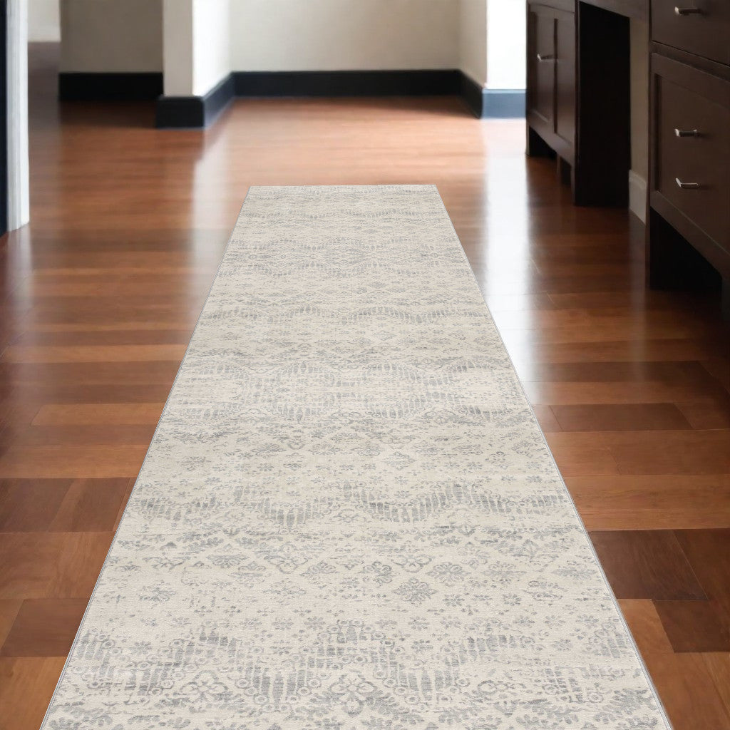 2’ X 10’ Ivory Distressed Ikat Pattern Runner Rug