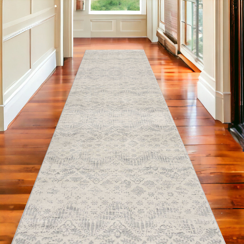 2’ X 10’ Ivory Distressed Ikat Pattern Runner Rug