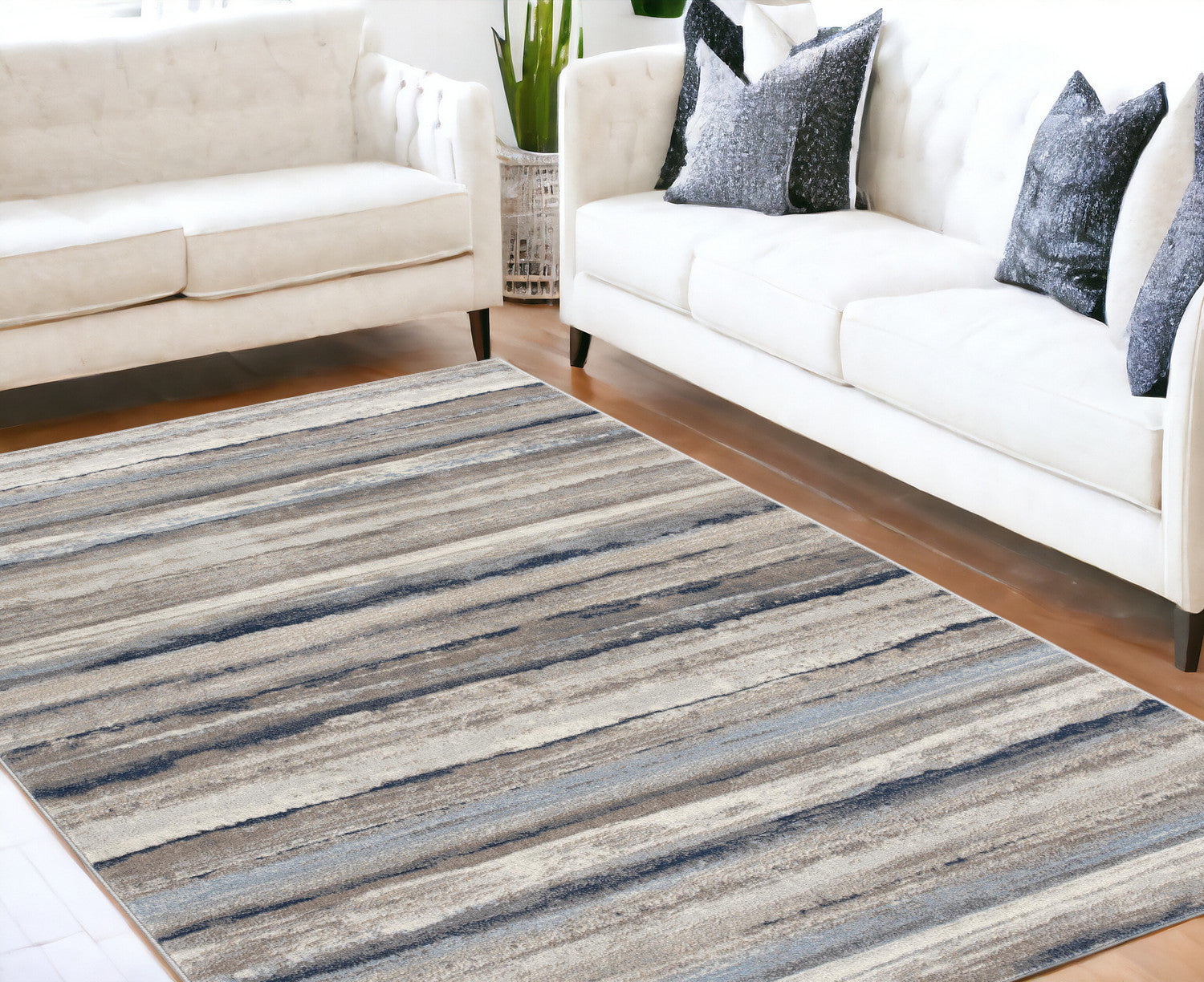 8' Blue Striped Runner Rug