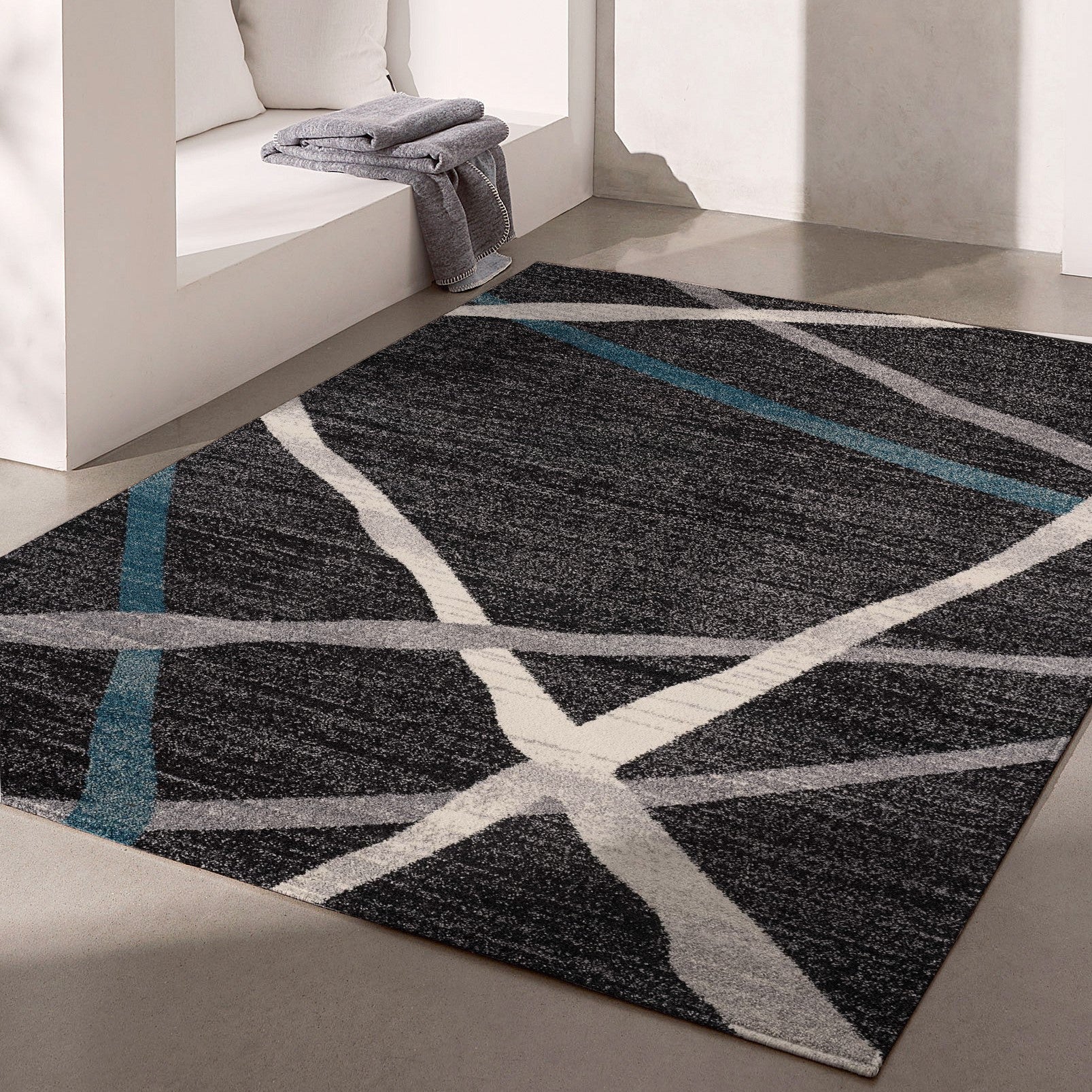 7’ X 9’ Distressed Black And Gray Abstract Area Rug