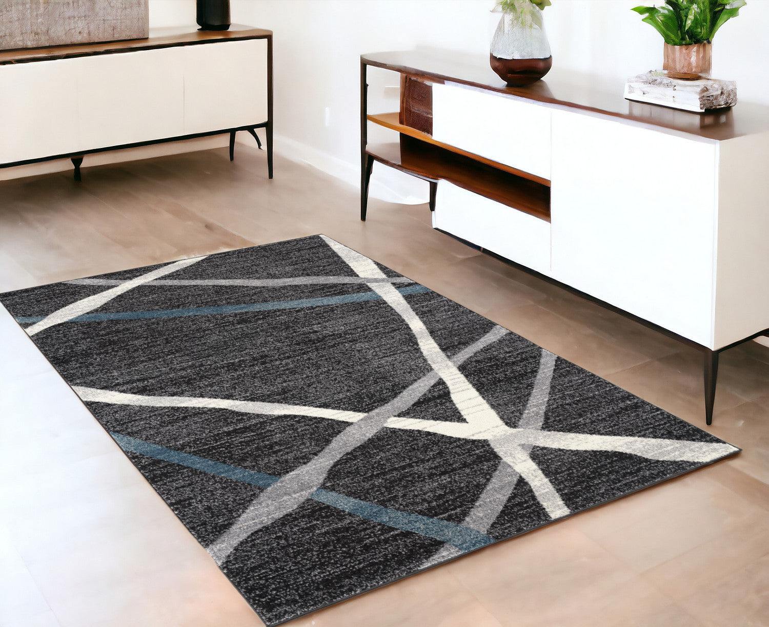 7’ X 9’ Distressed Black And Gray Abstract Area Rug