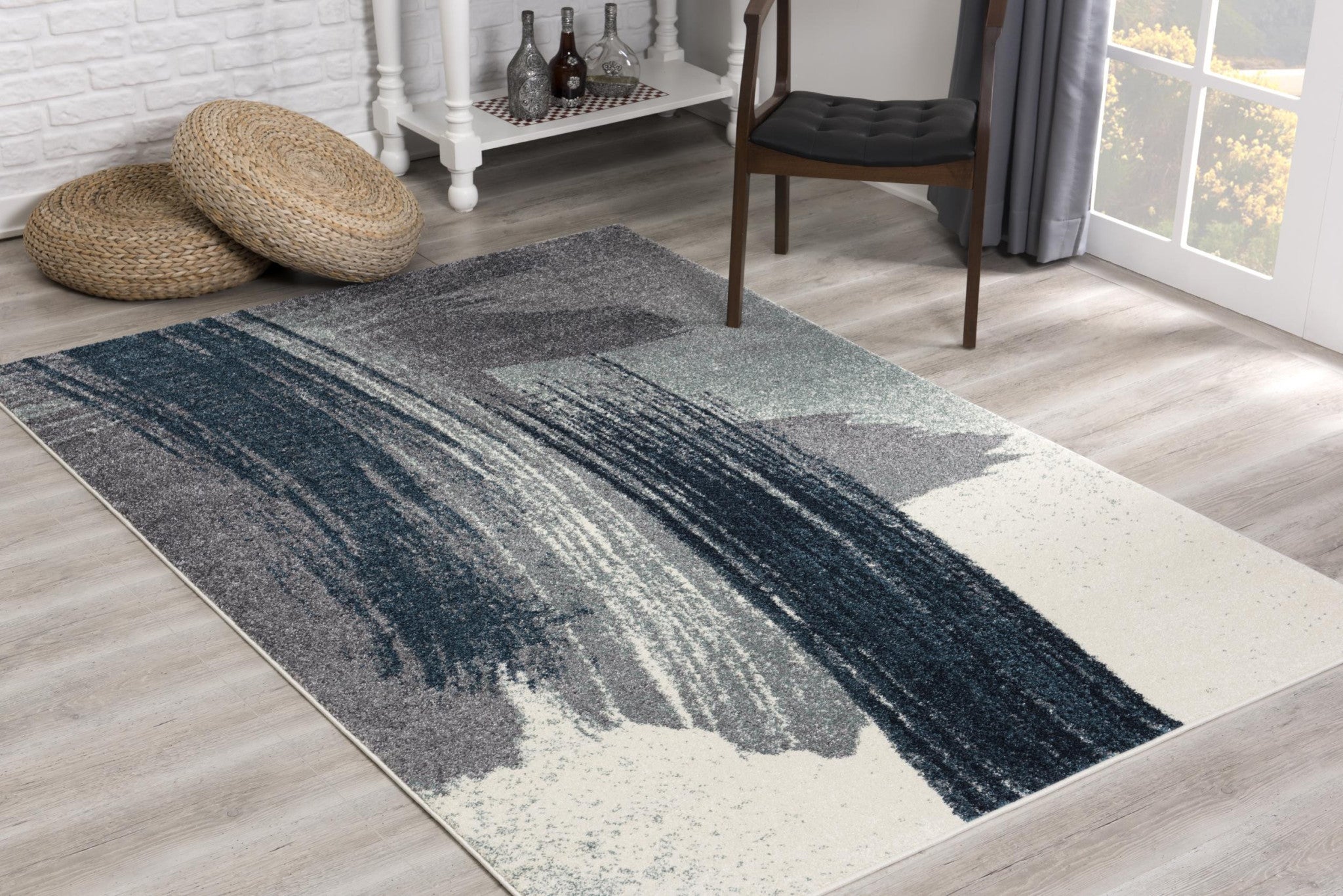 4’ X 6’ White And Blue Abstract Strokes Area Rug