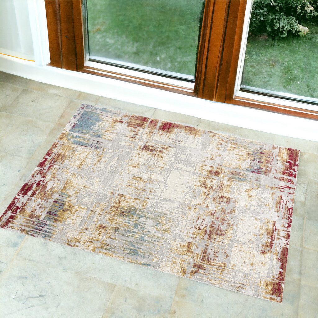 4’ X 6’ Abstract Beige And Gold Modern Area Rug