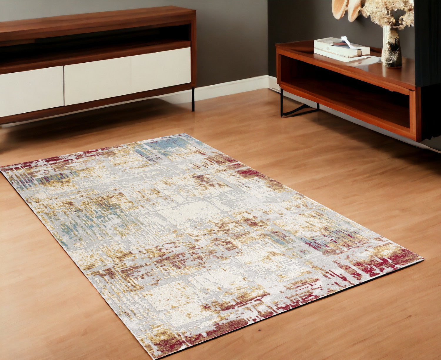 4’ X 6’ Abstract Beige And Gold Modern Area Rug