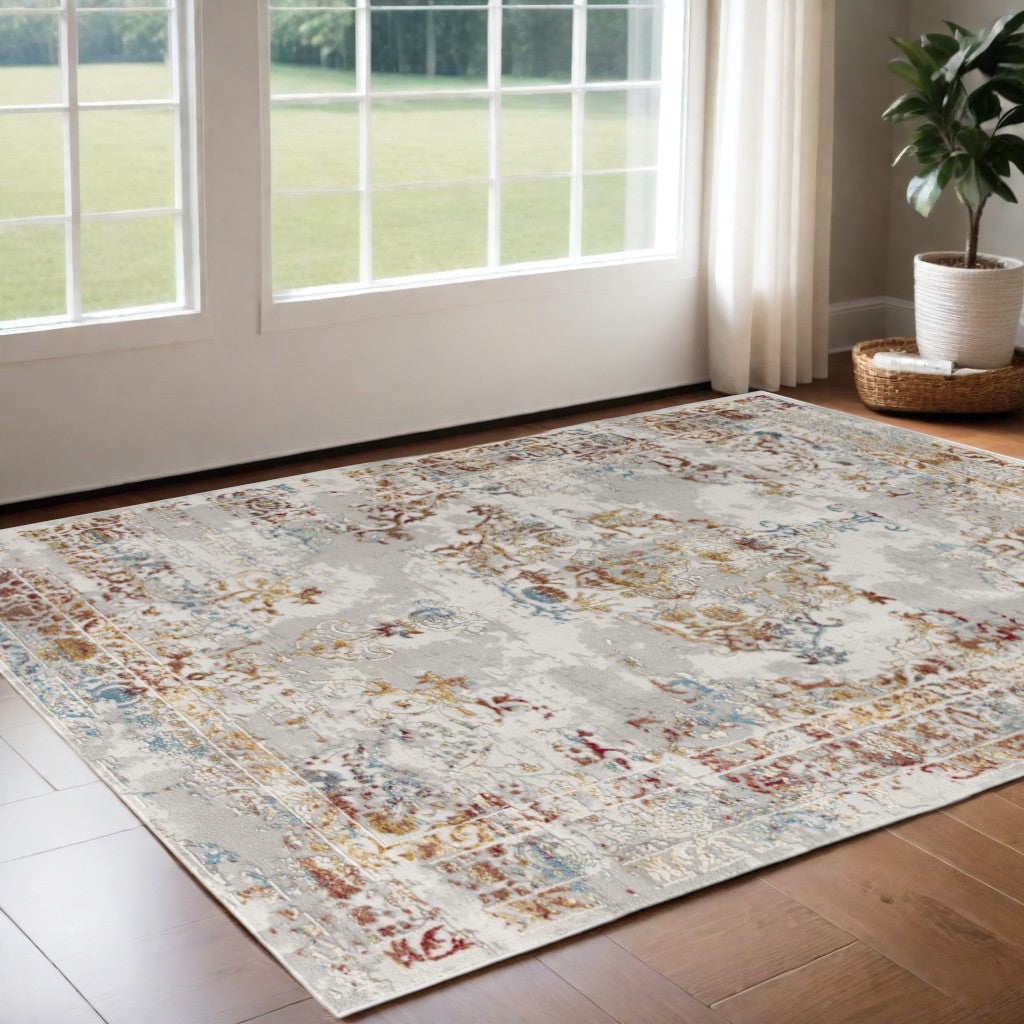 3’ X 5’ Gray And Beige Distressed Ornate Area Rug