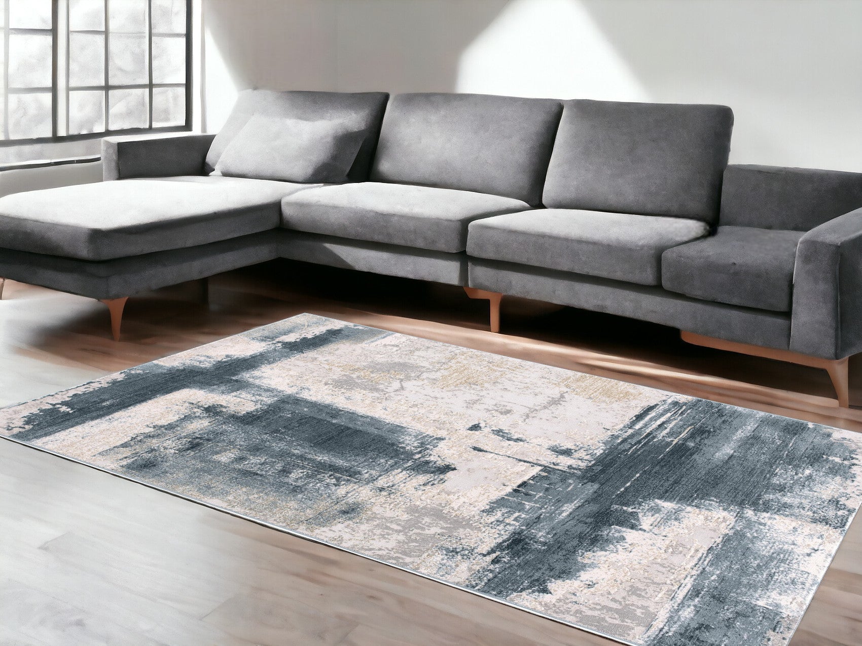 9’ X 12’ Cream And Blue Abstract Patches Area Rug