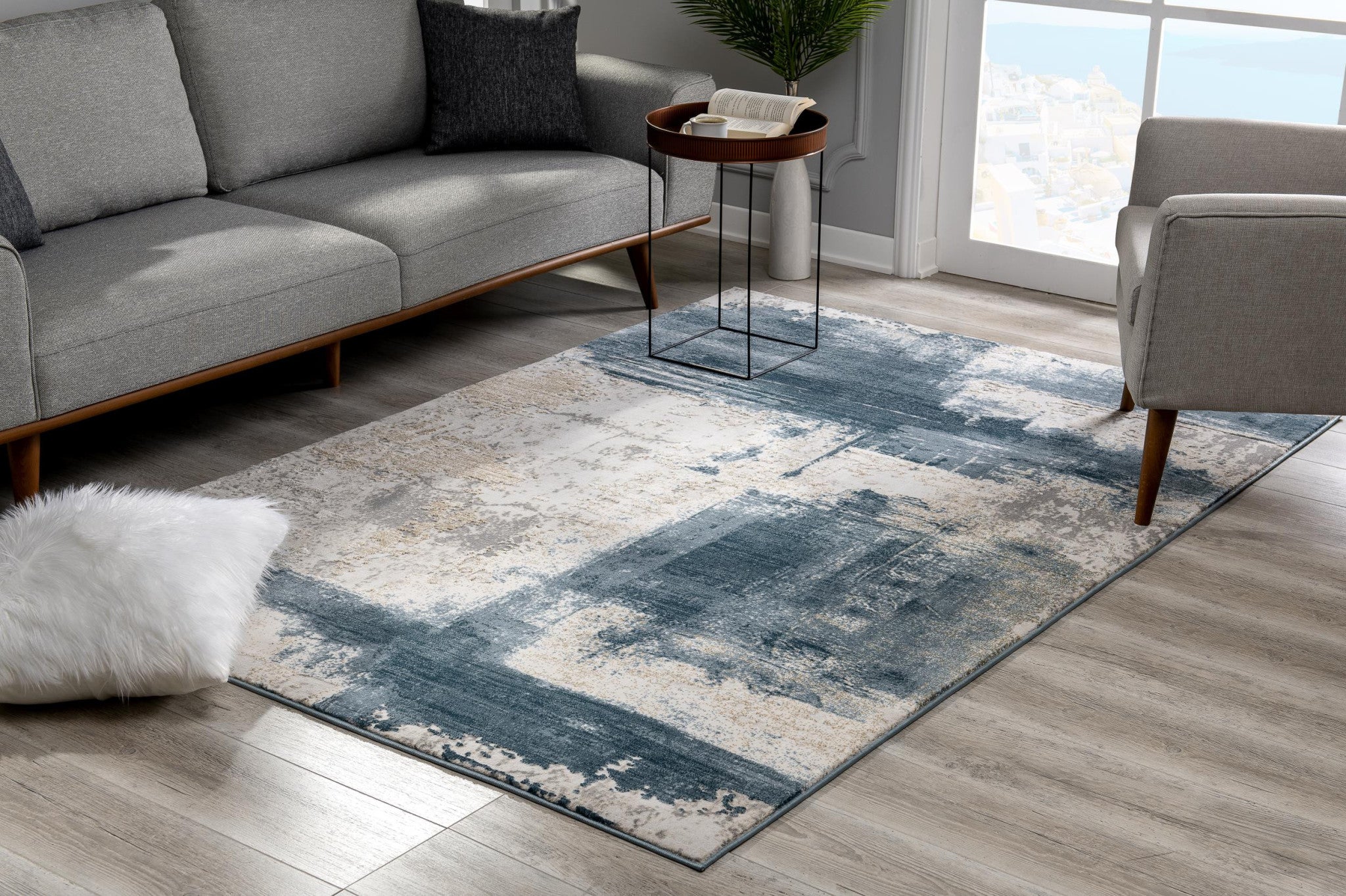 9’ X 12’ Cream And Blue Abstract Patches Area Rug