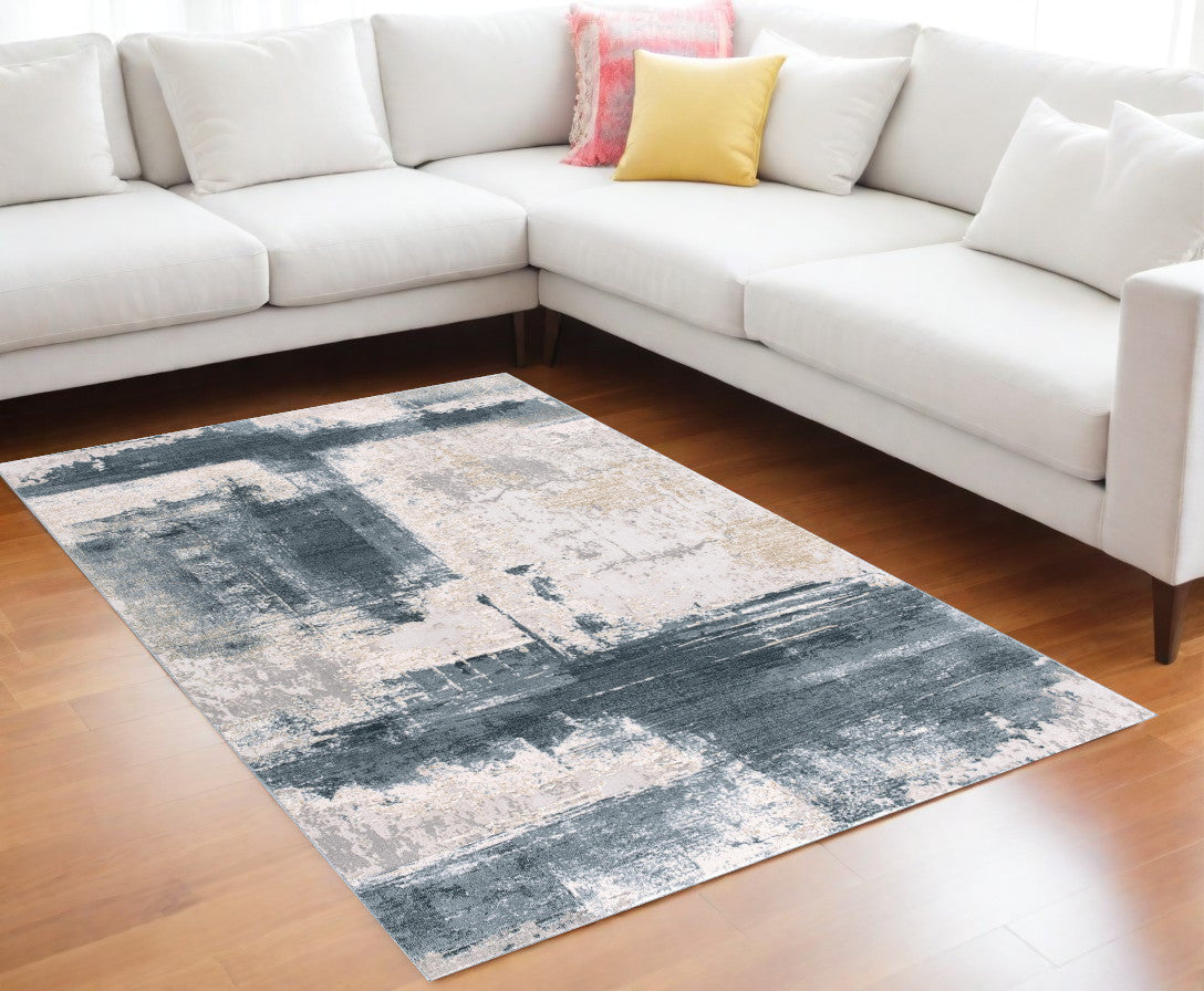 9’ X 12’ Cream And Blue Abstract Patches Area Rug