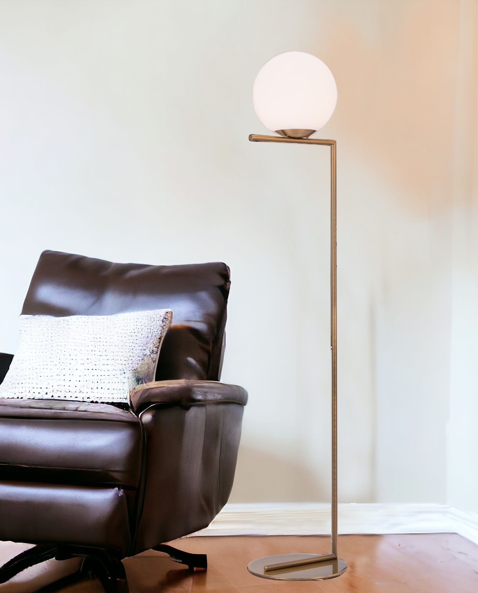 61" Brass Floor Lamp With White Glass Globe Shade