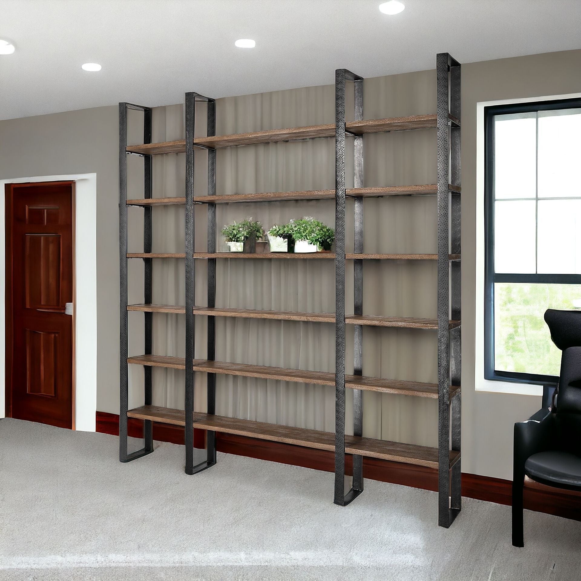 90" Brown Iron and Solid Wood Six Tier Bookcase