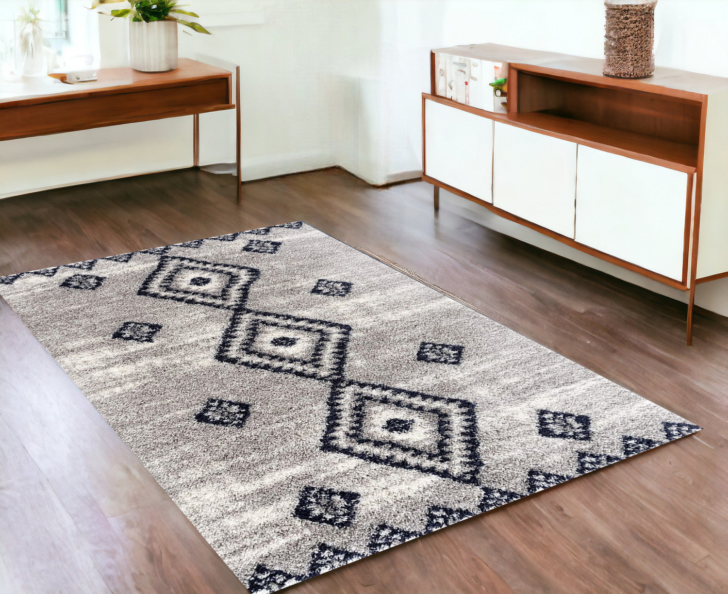 4’ X 6’ Gray And Navy Boho Chic Area Rug