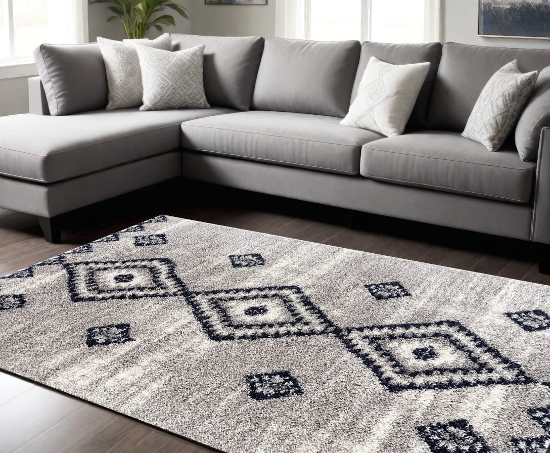 4’ X 6’ Gray And Navy Boho Chic Area Rug