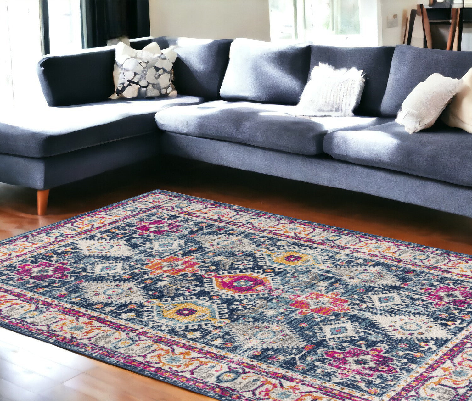 8' X 10' Navy Blue Oriental Dhurrie Area Rug