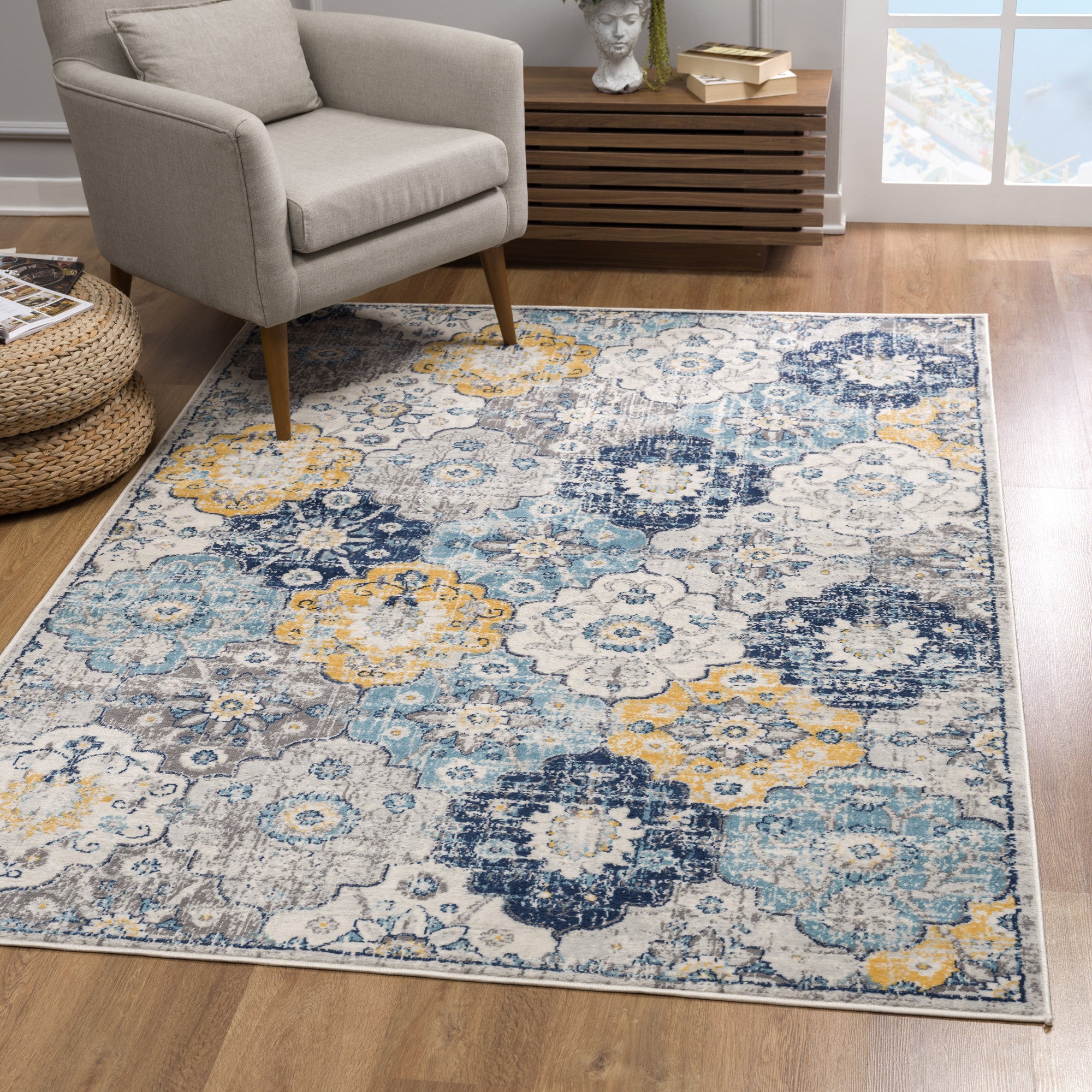 2' X 4' Blue Floral Dhurrie Area Rug