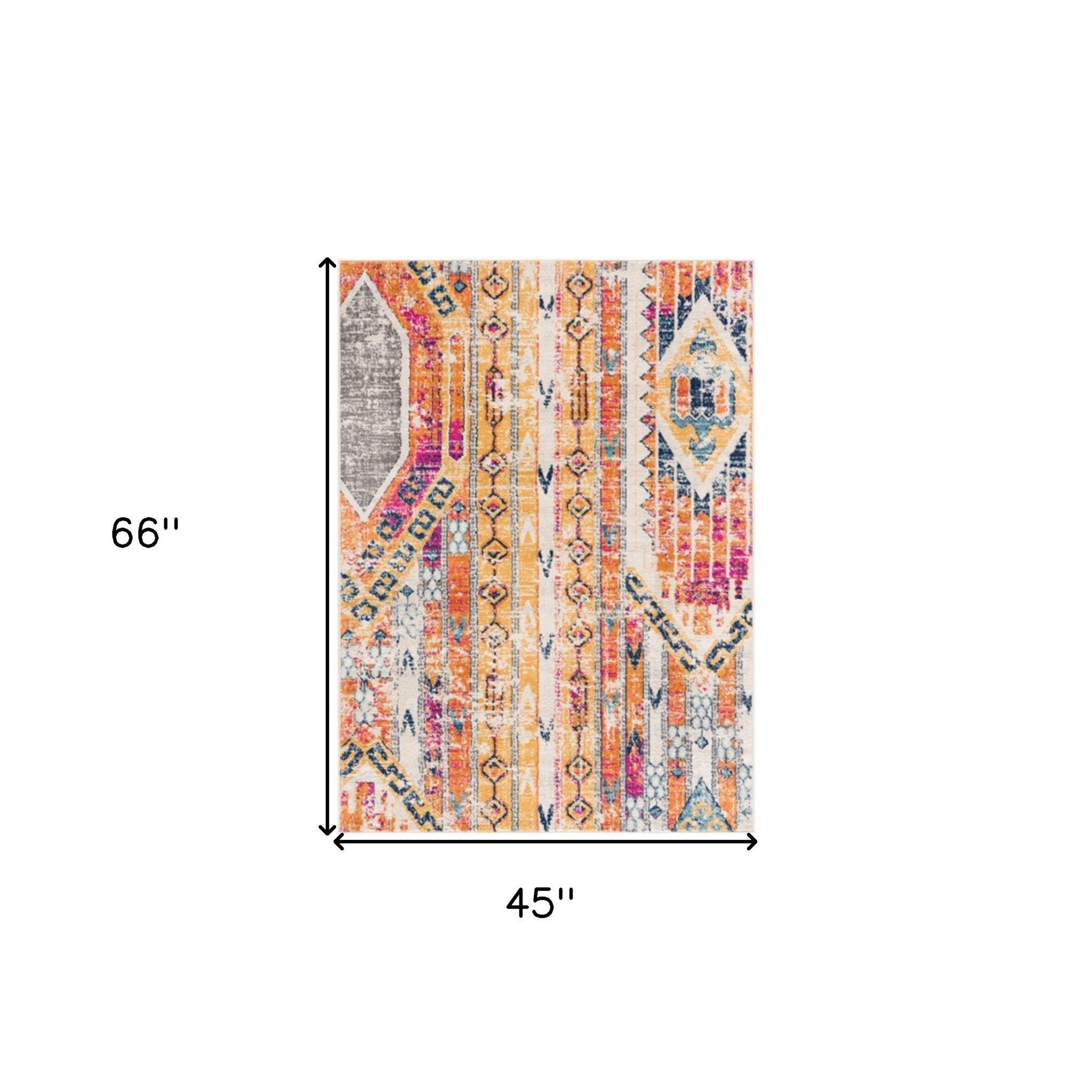 6' X 9' Orange And Ivory Southwestern Dhurrie Area Rug