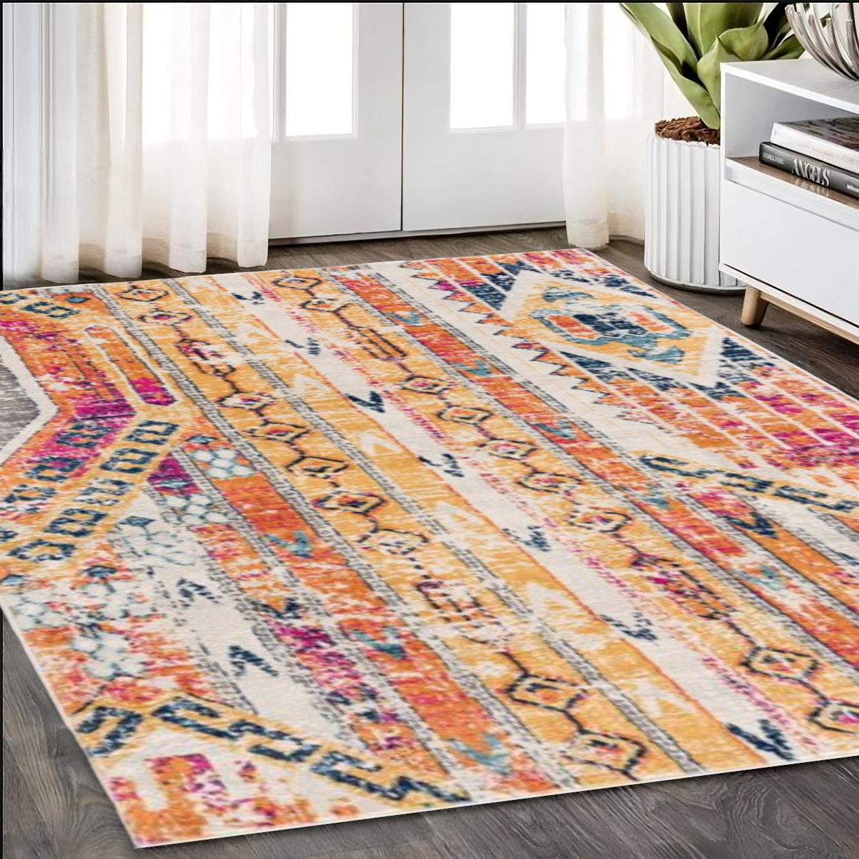 10' Orange And Ivory Southwestern Dhurrie Runner Rug