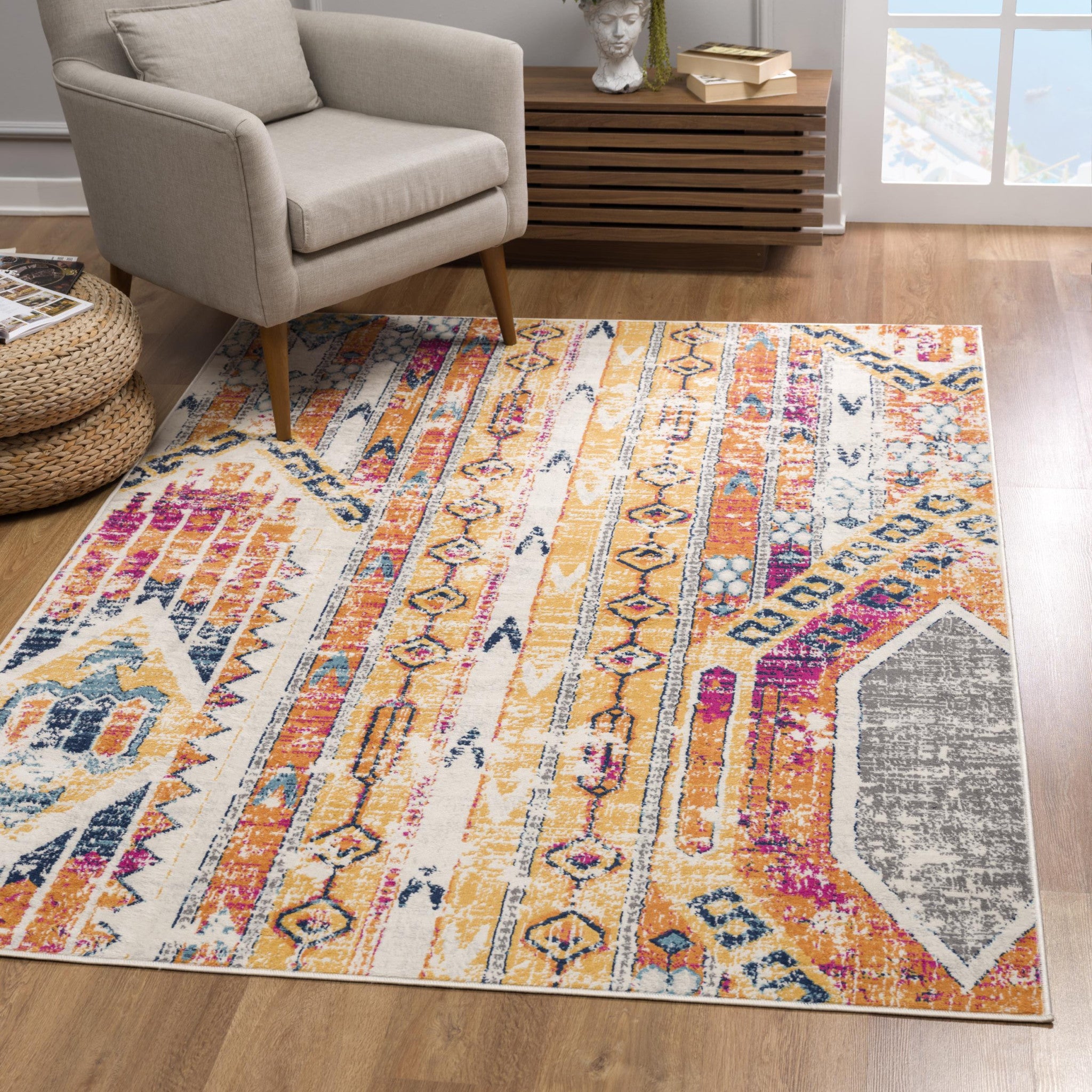 6' X 9' Orange And Ivory Southwestern Dhurrie Area Rug