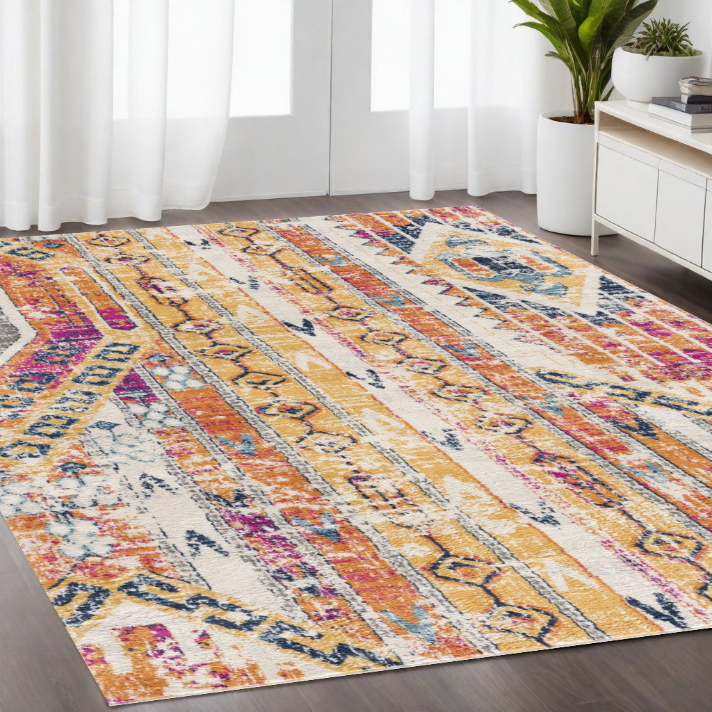 6' X 9' Orange And Ivory Southwestern Dhurrie Area Rug