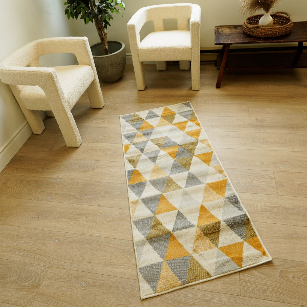 10' Yellow Geometric Dhurrie Runner Rug