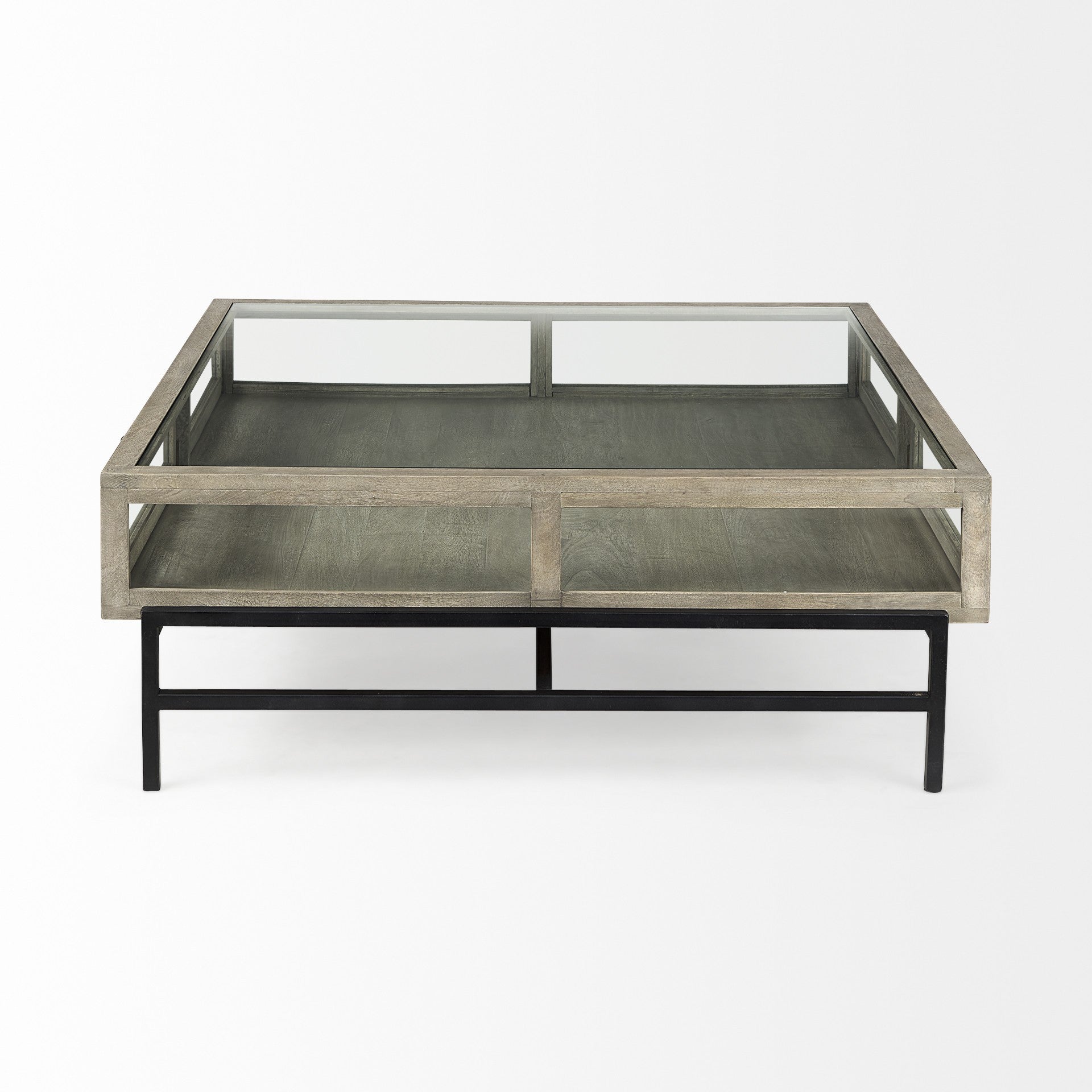 42" Gray And Black Glass And Metal Square Coffee Table With Shelf