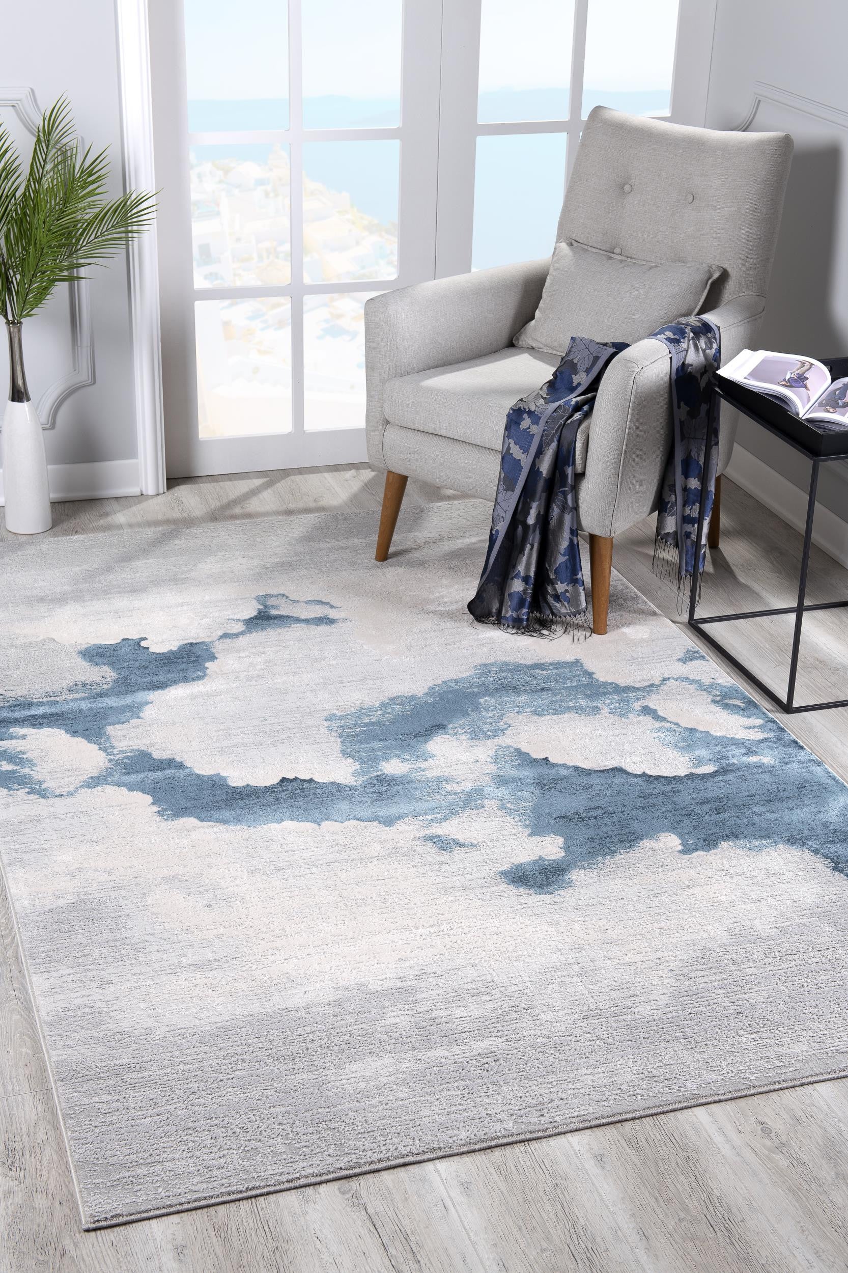 4’ X 6’ Gray And Blue Abstract Clouds Area Rug