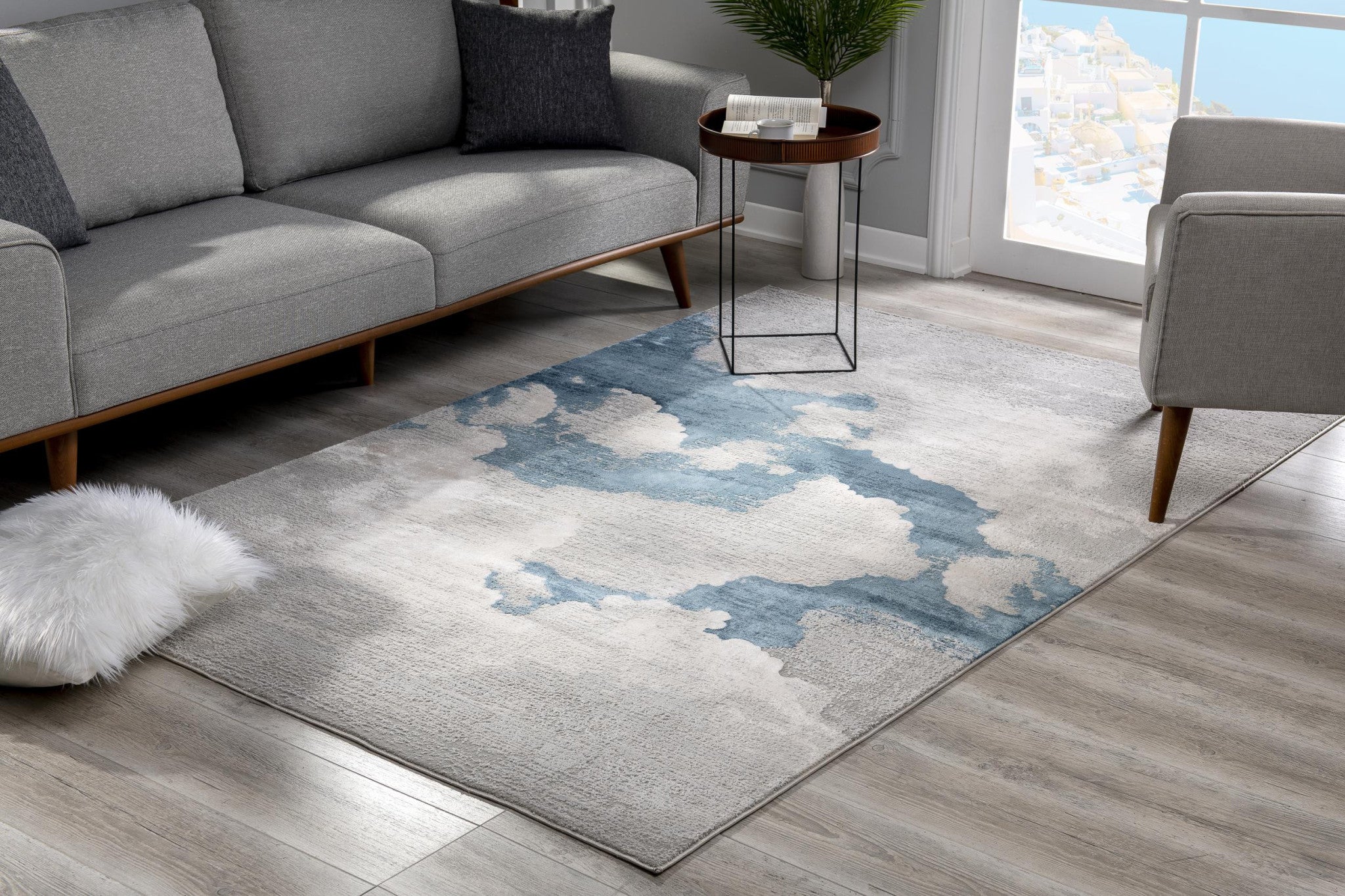 4’ X 6’ Gray And Blue Abstract Clouds Area Rug