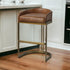 29" Brown Leather And Antiqued Brass Metal Low Back Bar Height Bar Chair