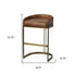 29" Brown Leather And Antiqued Brass Metal Low Back Bar Height Bar Chair