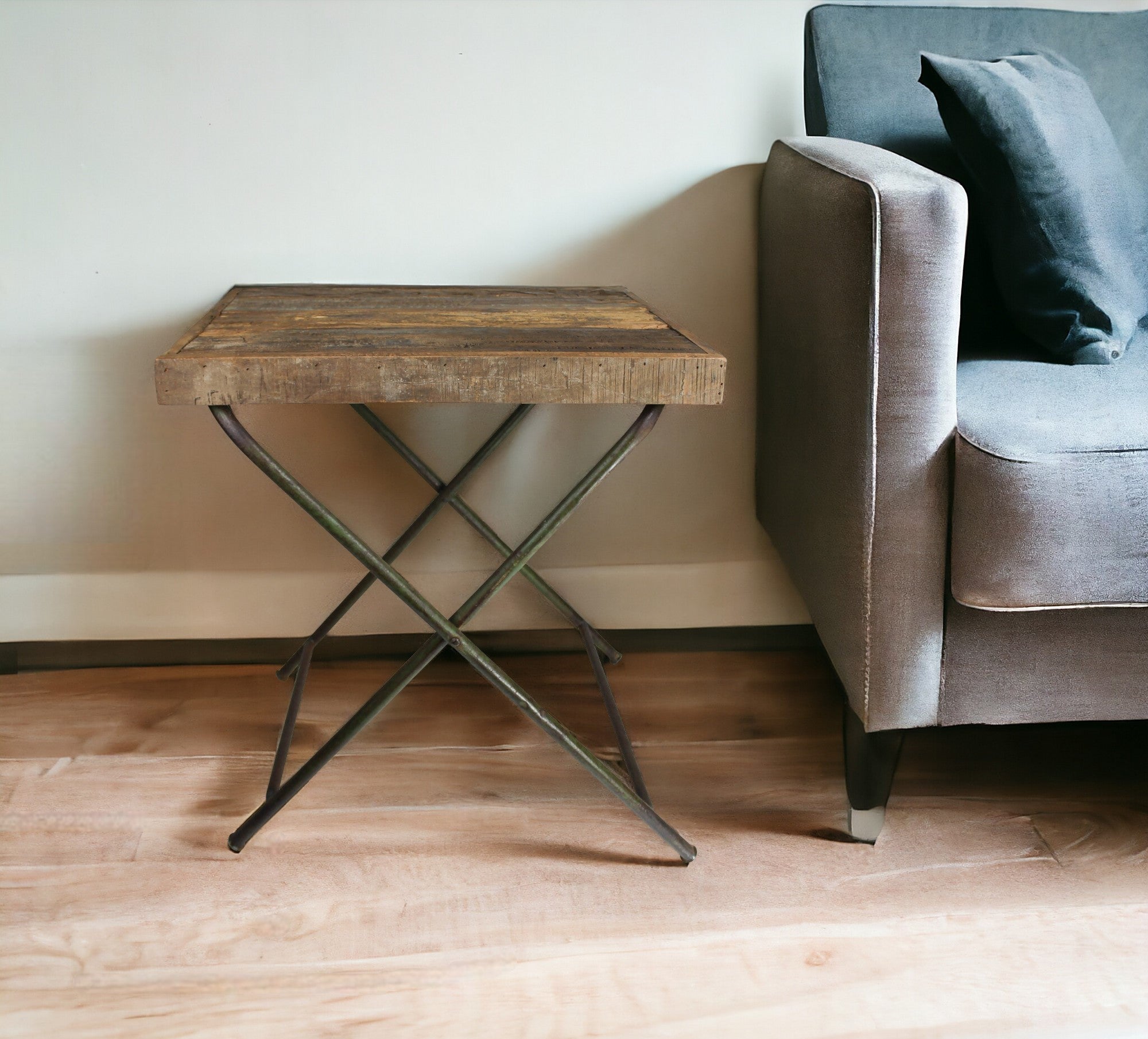 30" Natural And Brown Reclaimed Wood Folding End Table