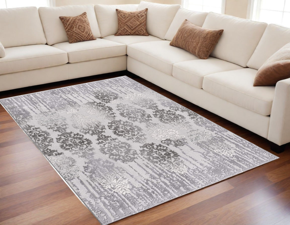 10' Gray Damask Power Loom Runner Rug