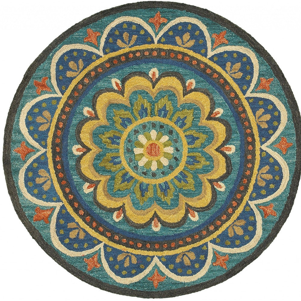 4’ Round Blue Floral Mandala Area Rug