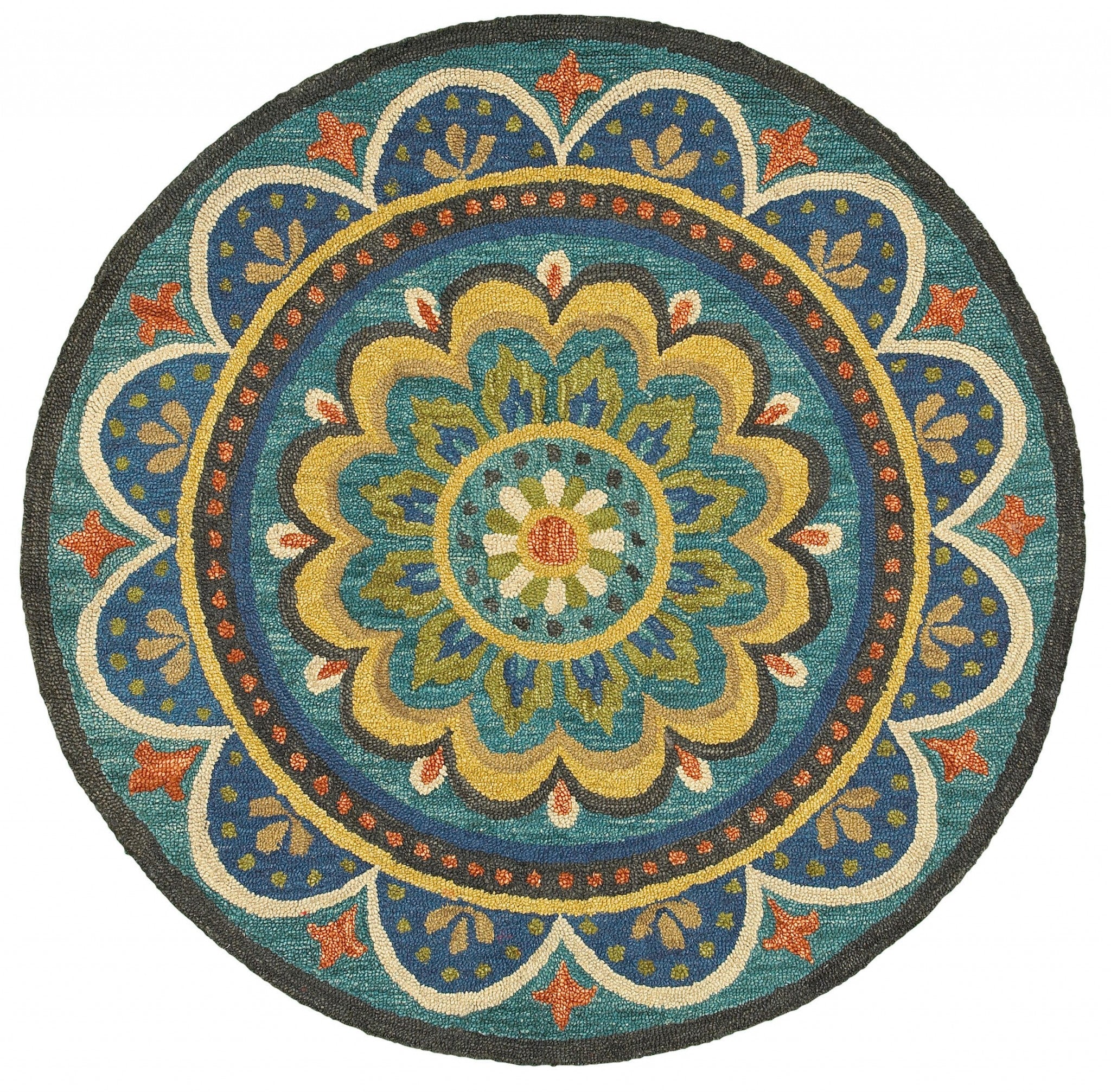 4' Blue and Orange Round Wool Floral Medallion Hand Tufted Area Rug