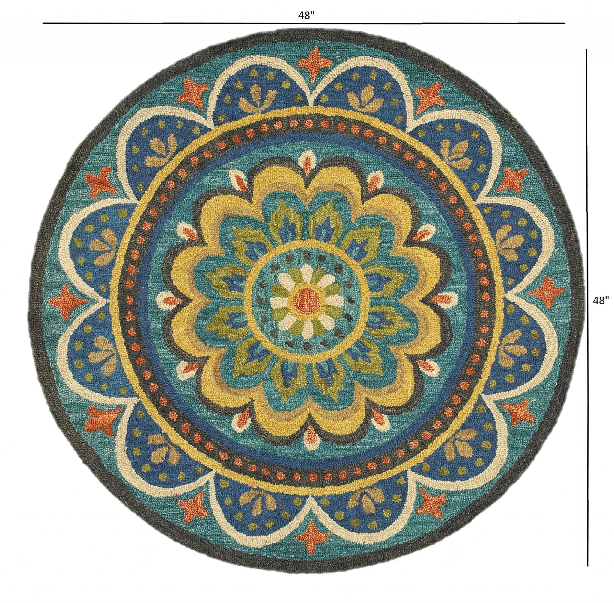 4' Blue and Orange Round Wool Floral Medallion Hand Tufted Area Rug