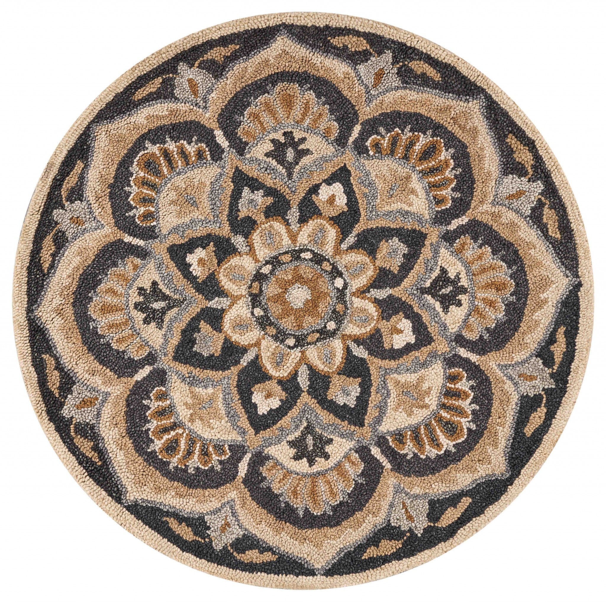 6' Black and Tan Round Wool Floral Medallion Hand Tufted Area Rug