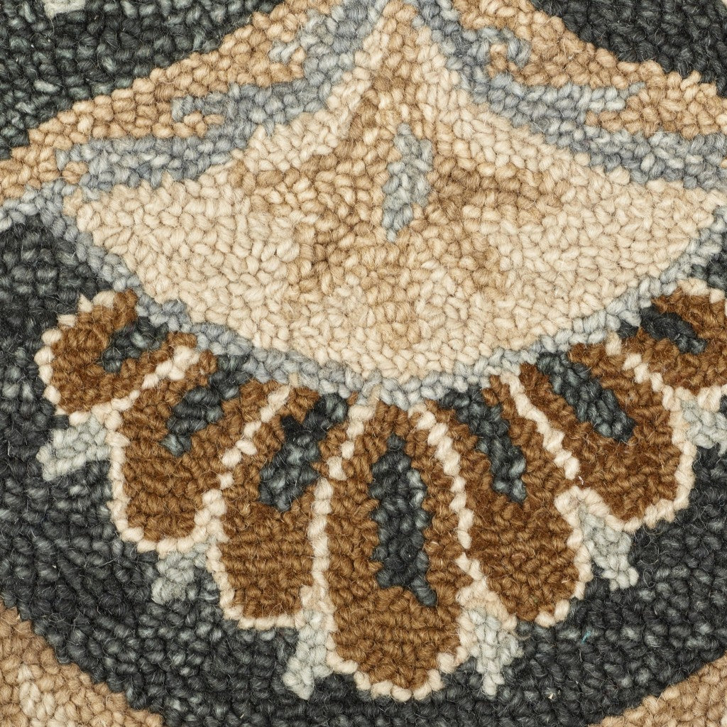 6' Black and Tan Round Wool Floral Medallion Hand Tufted Area Rug