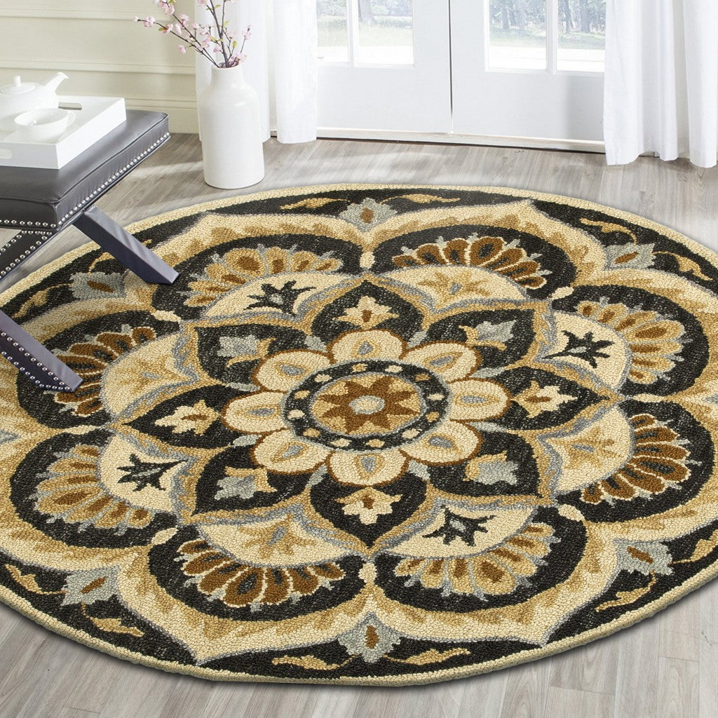 4’ Round Black Flower Blossom Area Rug