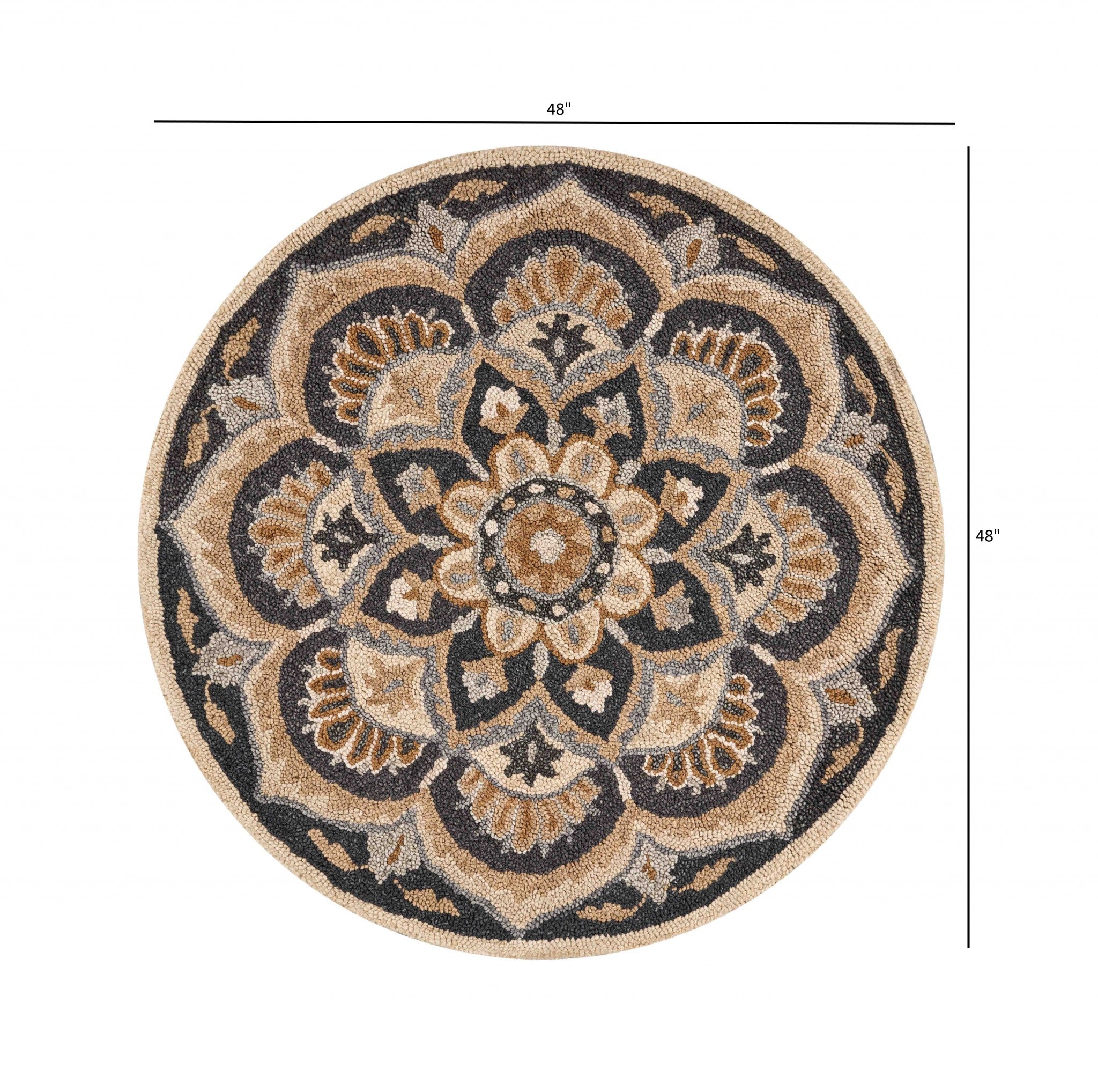 6' Black and Tan Round Wool Floral Medallion Hand Tufted Area Rug