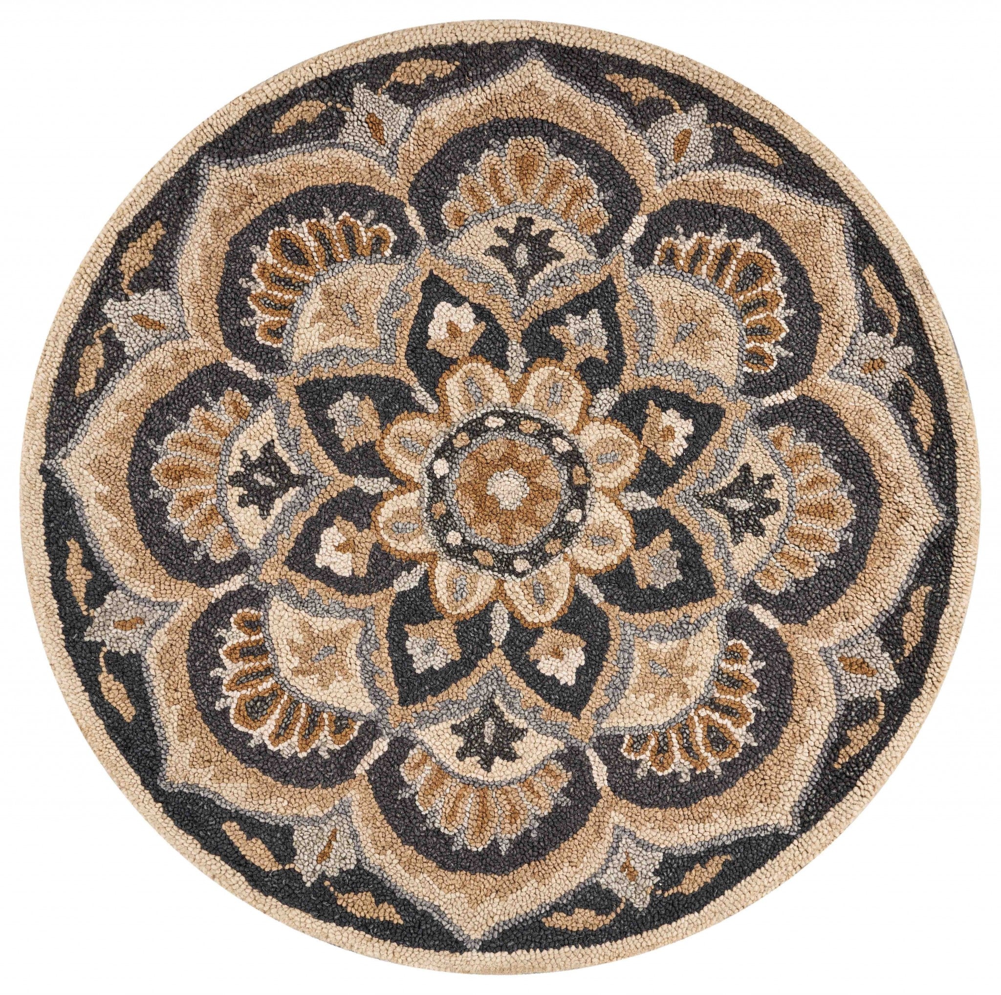 4’ Round Black Flower Blossom Area Rug