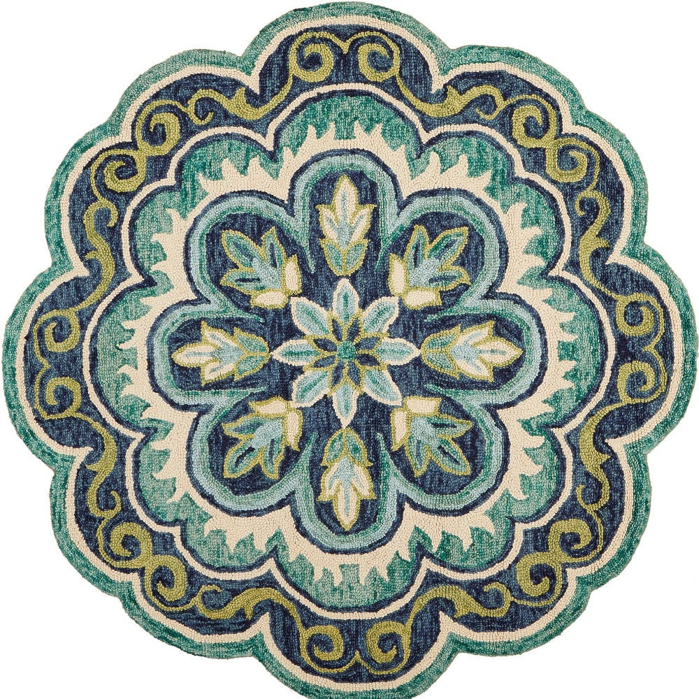 6' Green Round Wool Geometric Hand Tufted Area Rug