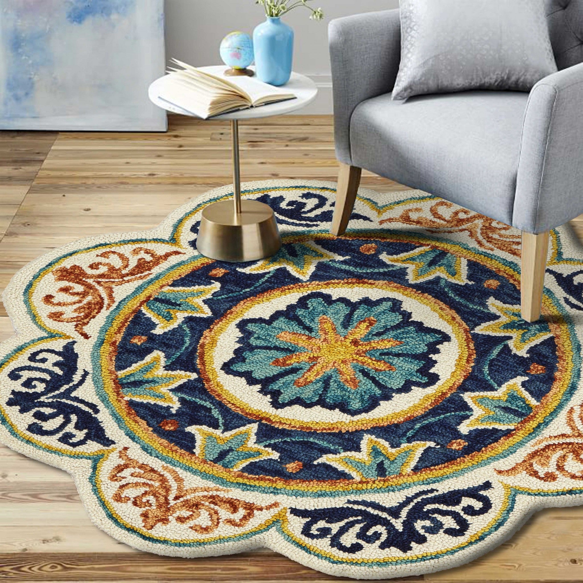 6' Ivory Round Wool Geometric Hand Tufted Area Rug