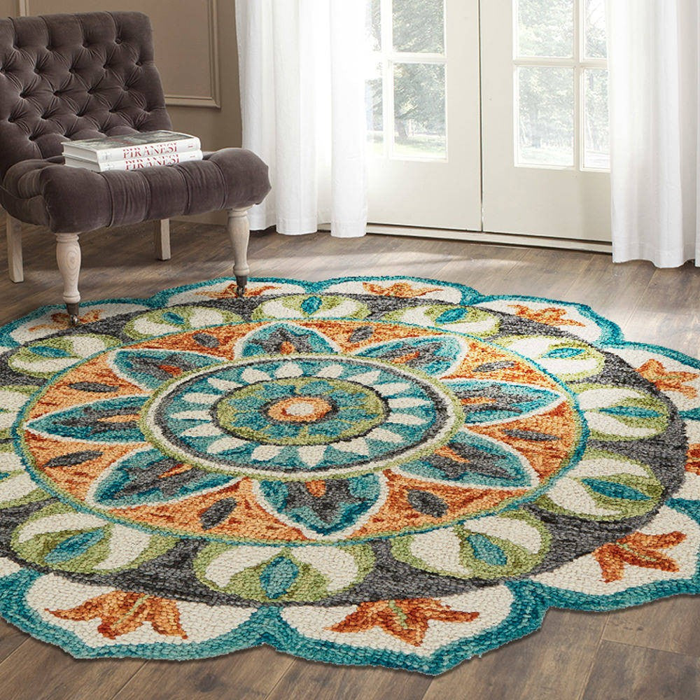 4’ Round Blue And Orange Medallion Area Rug