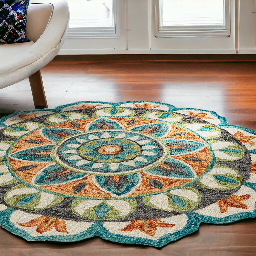 6' Blue And Green Round Wool Geometric Hand Tufted Area Rug