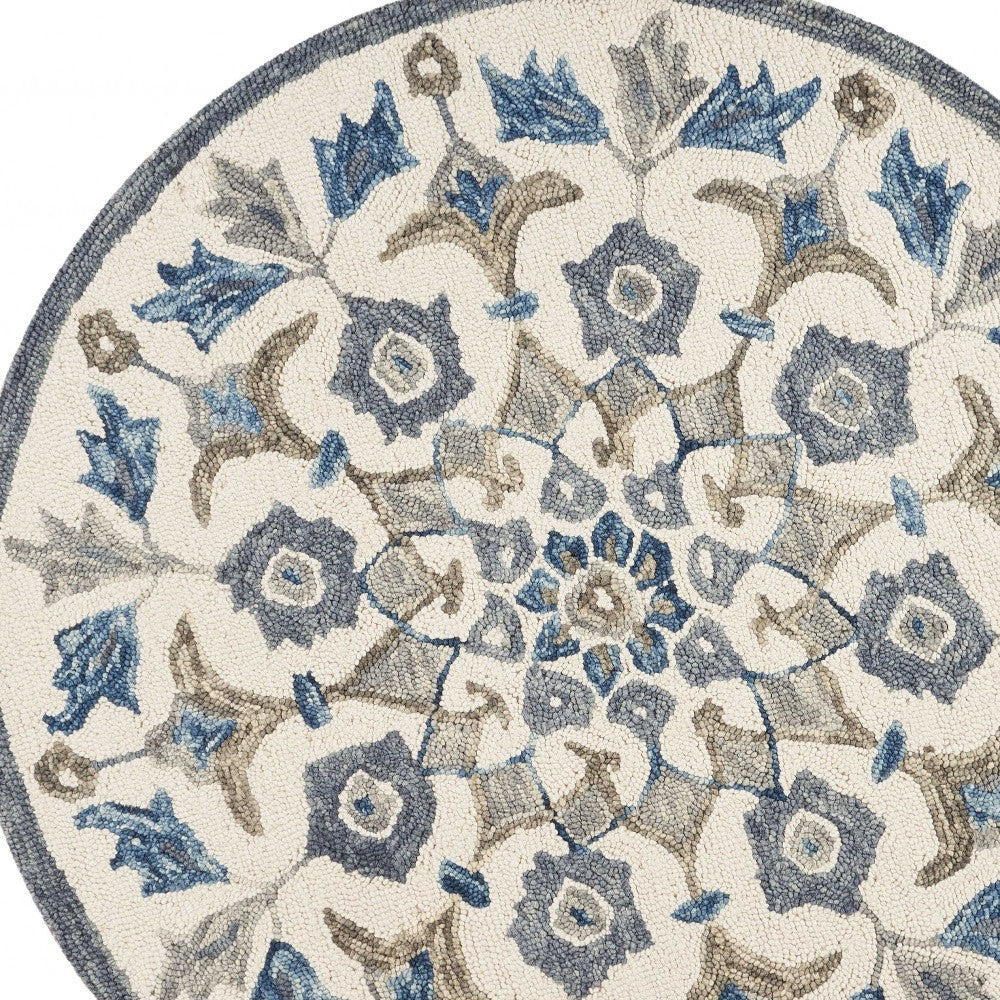 4’ Round Blue Floral Oasis Area Rug