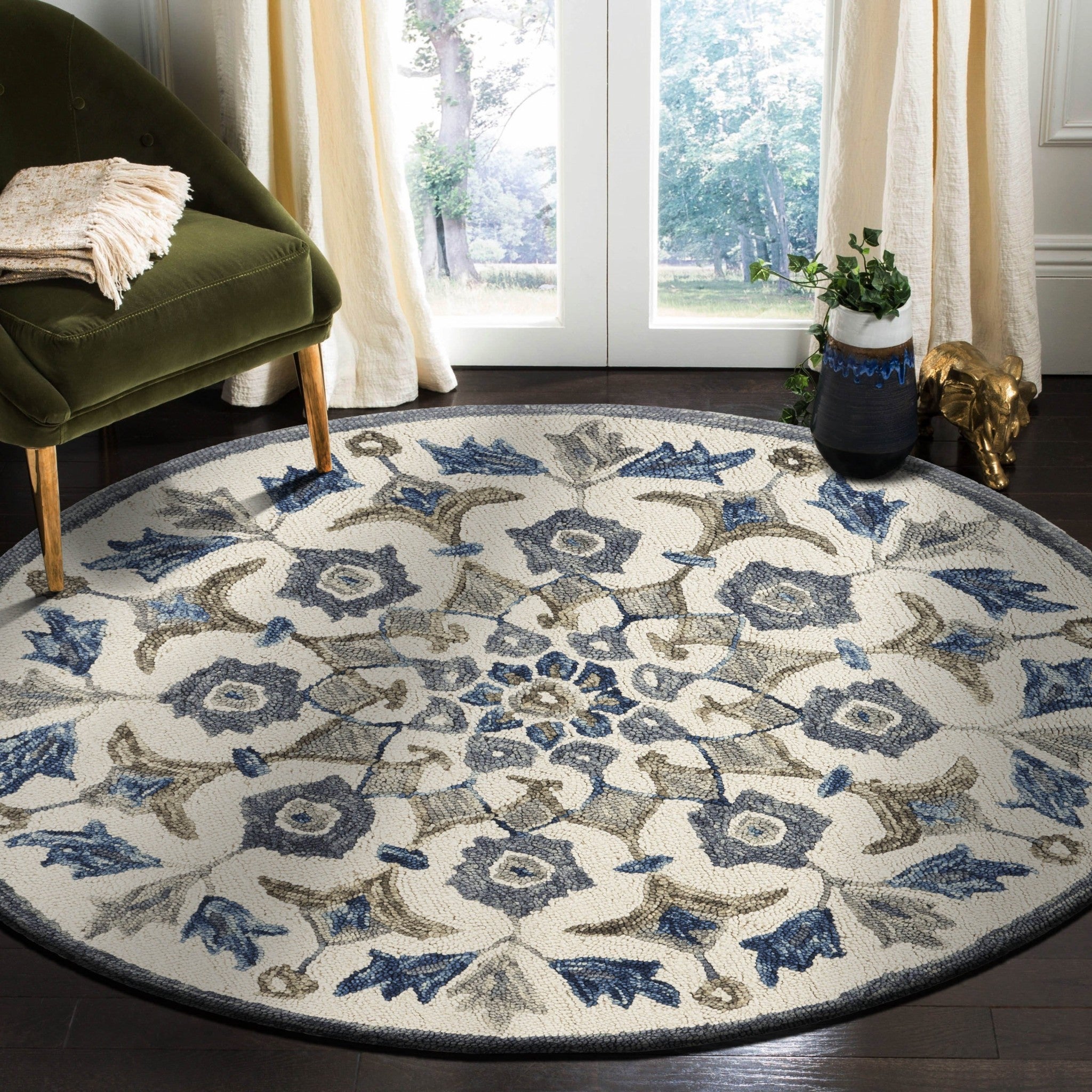 4’ Round Blue Floral Oasis Area Rug