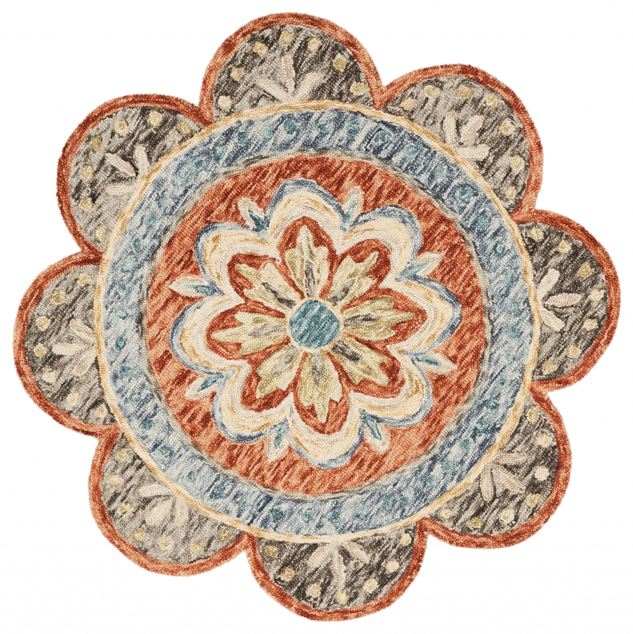 4' Blue Round Wool Floral Hand Tufted Area Rug