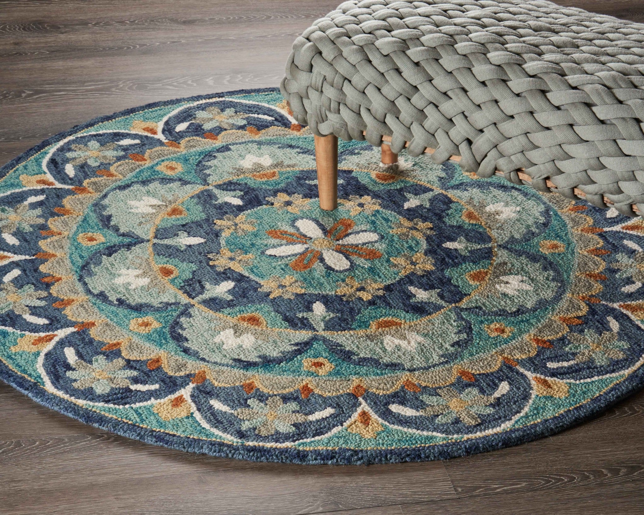 4’ Round Blue Floral Mandala Area Rug